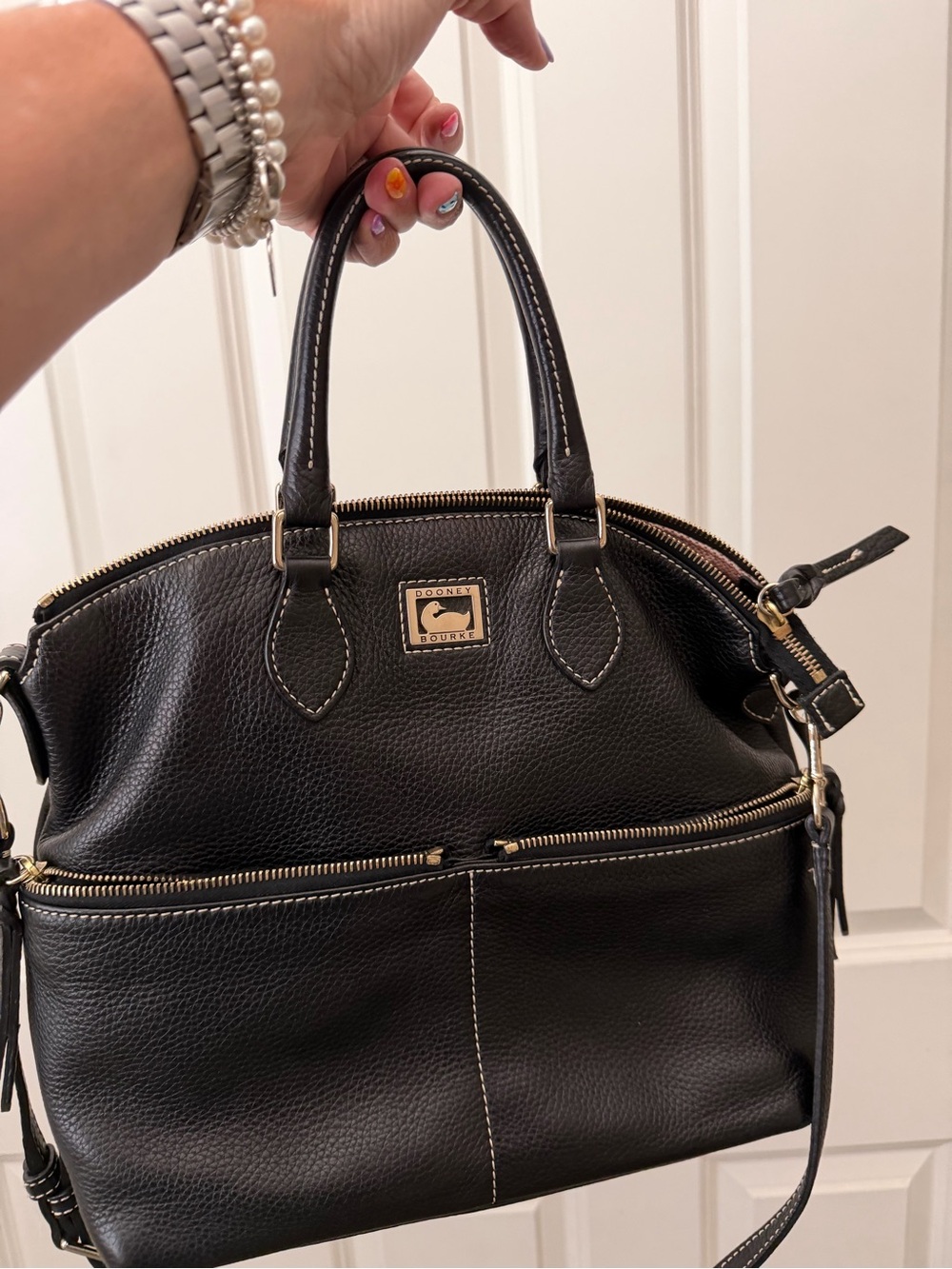 Dooney & Bourke Black Pebble Leather Dome Satchel with Gold Hardware